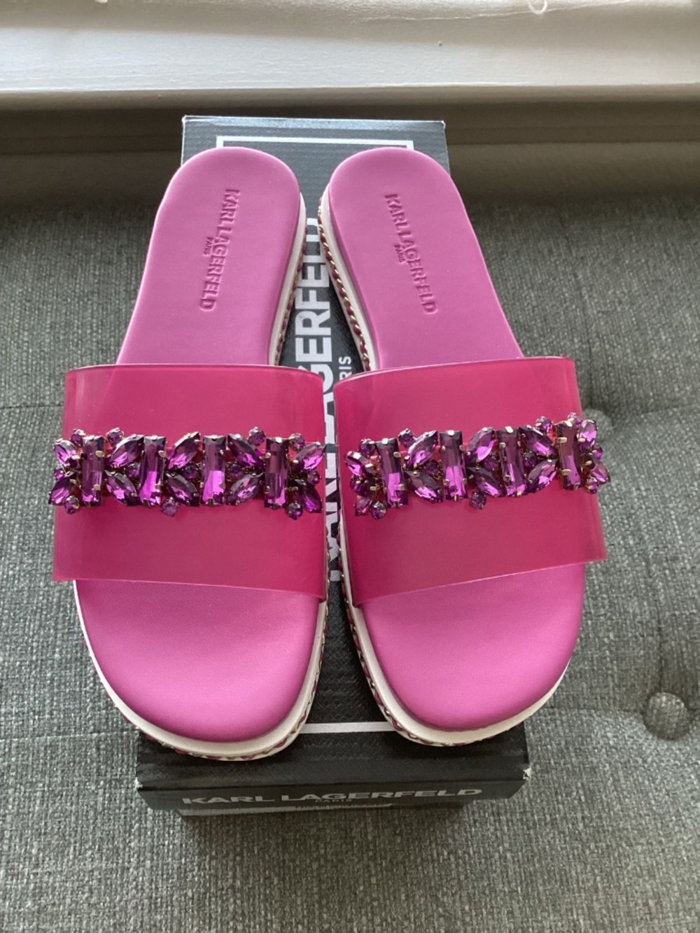 KARL LAGERFELD PARIS Women's Bijou Embellished Slide Sandals - Picture 12 of 16